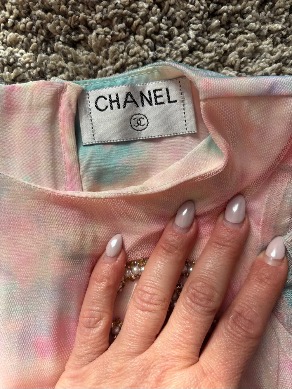 CHANEL Pastel Pink Blue Cream Tulle Dress with CC Brooch. Not original Chanel .
